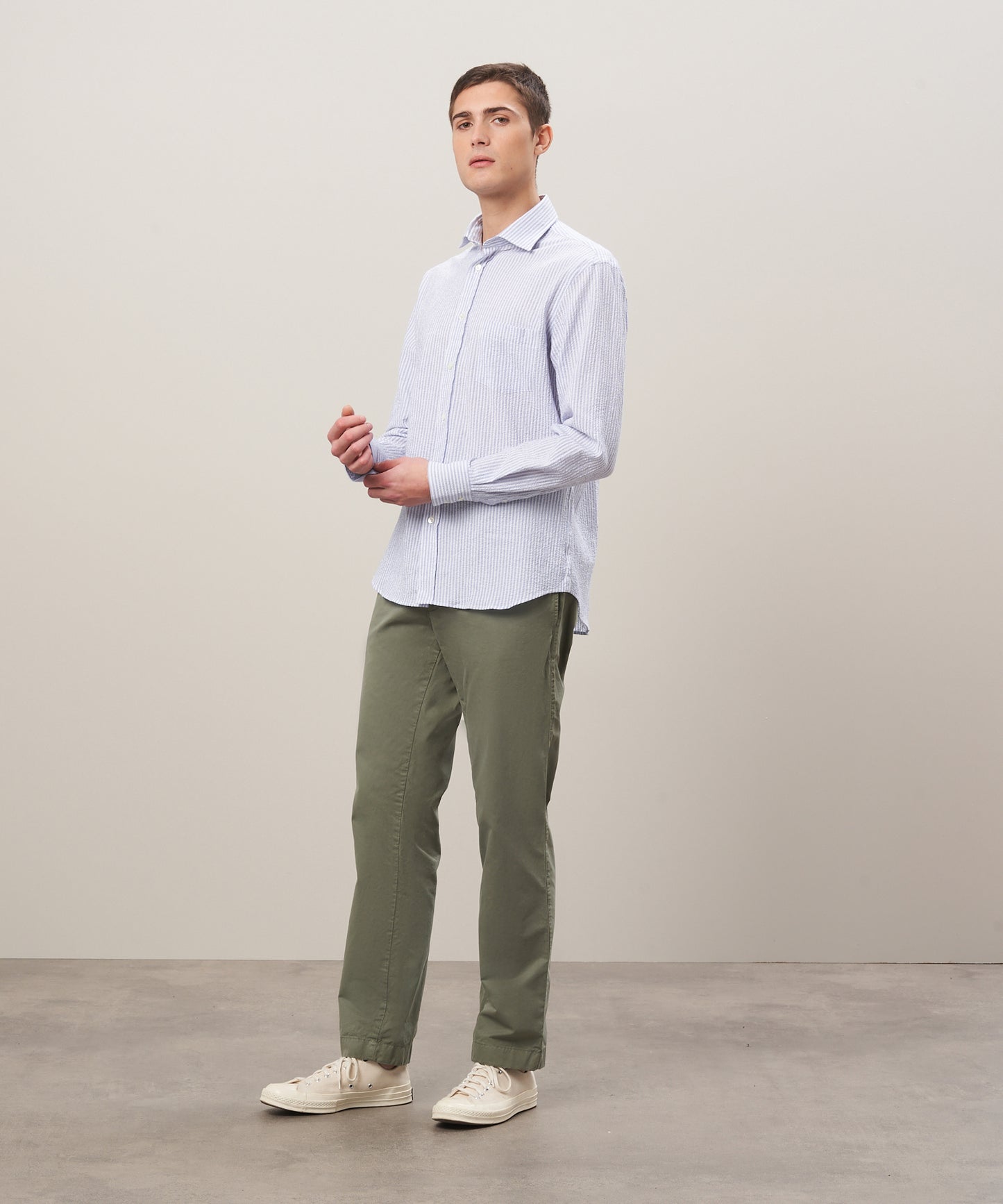 Hartford Paul Blue/White Stripe Seersucker Button Up