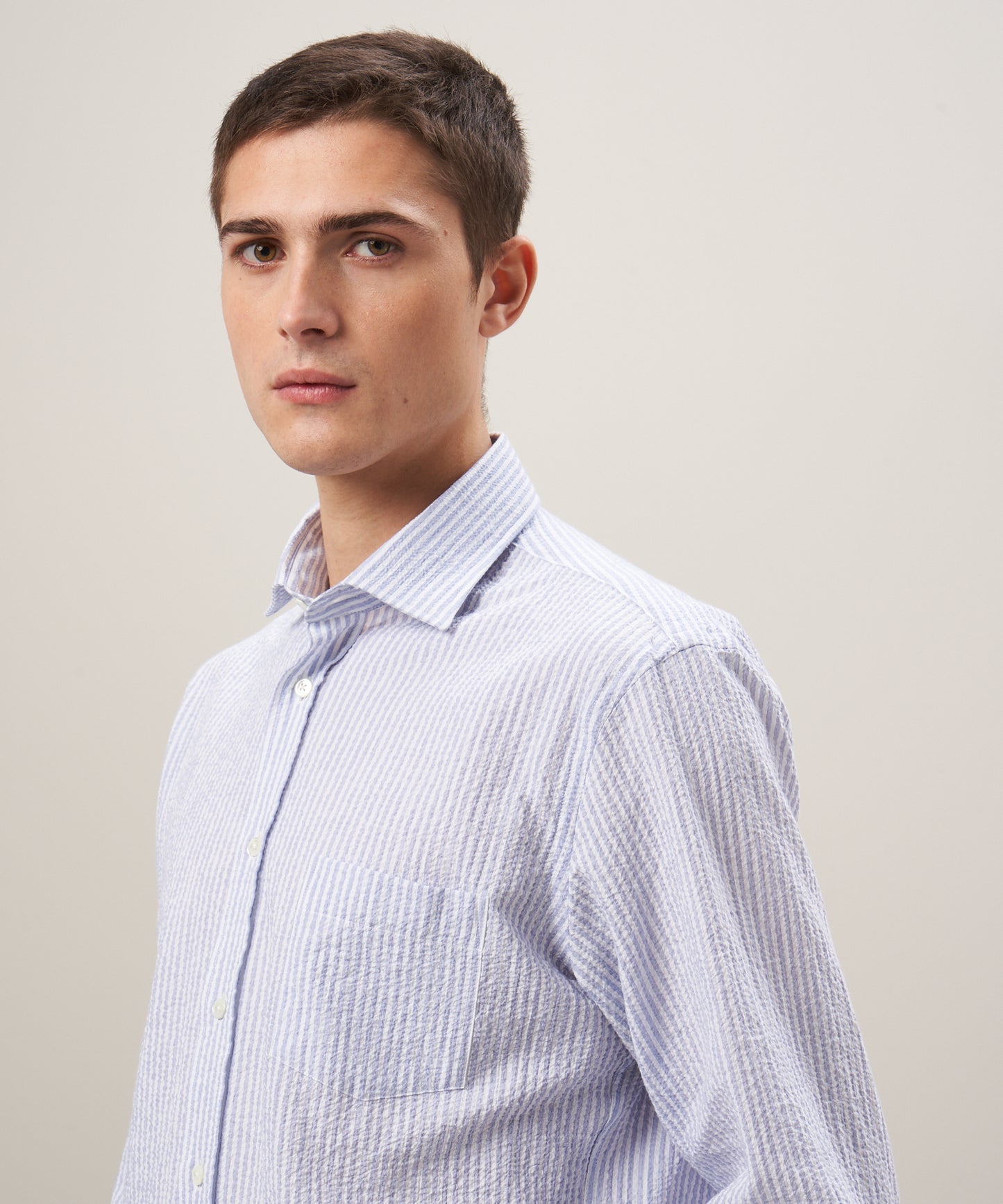 Hartford Paul Blue/White Stripe Seersucker Button Up