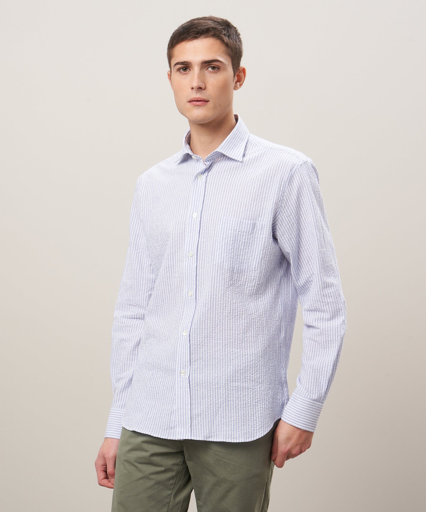 Hartford Paul Blue/White Stripe Seersucker Button Up