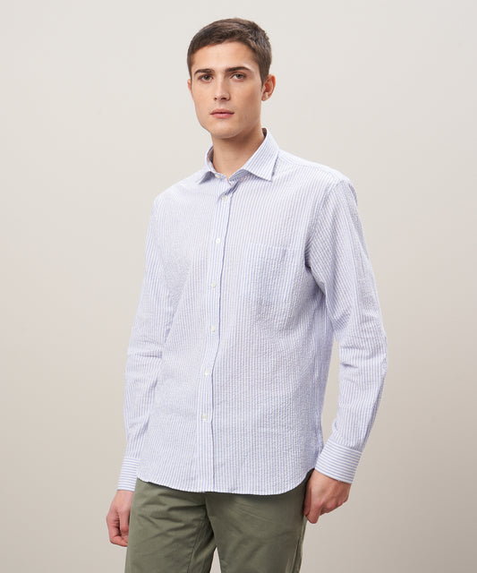 Hartford Paul Blue/White Stripe Seersucker Button Up